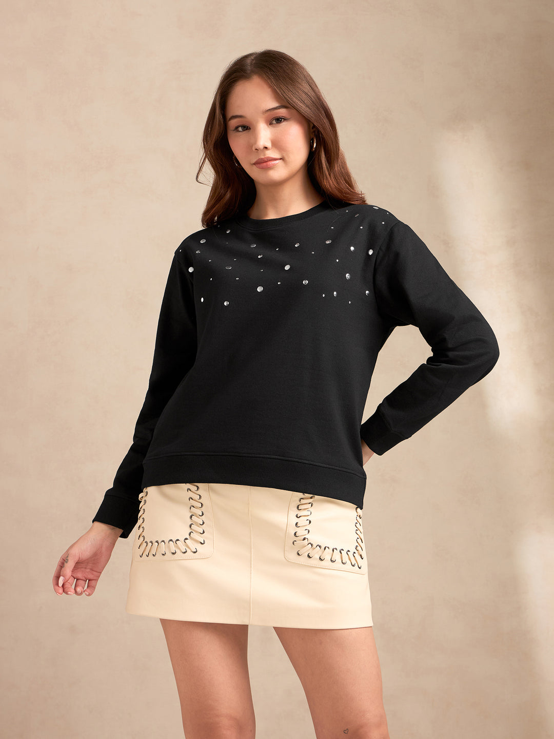 Black Metal Studded Solid Sweatshirt