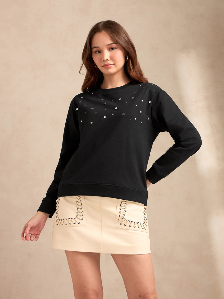 Black Metal Studded Solid Sweatshirt