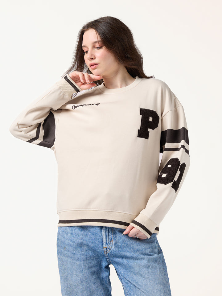 Cream Varsity Bold Applique Russian Fleece Sweatshirt