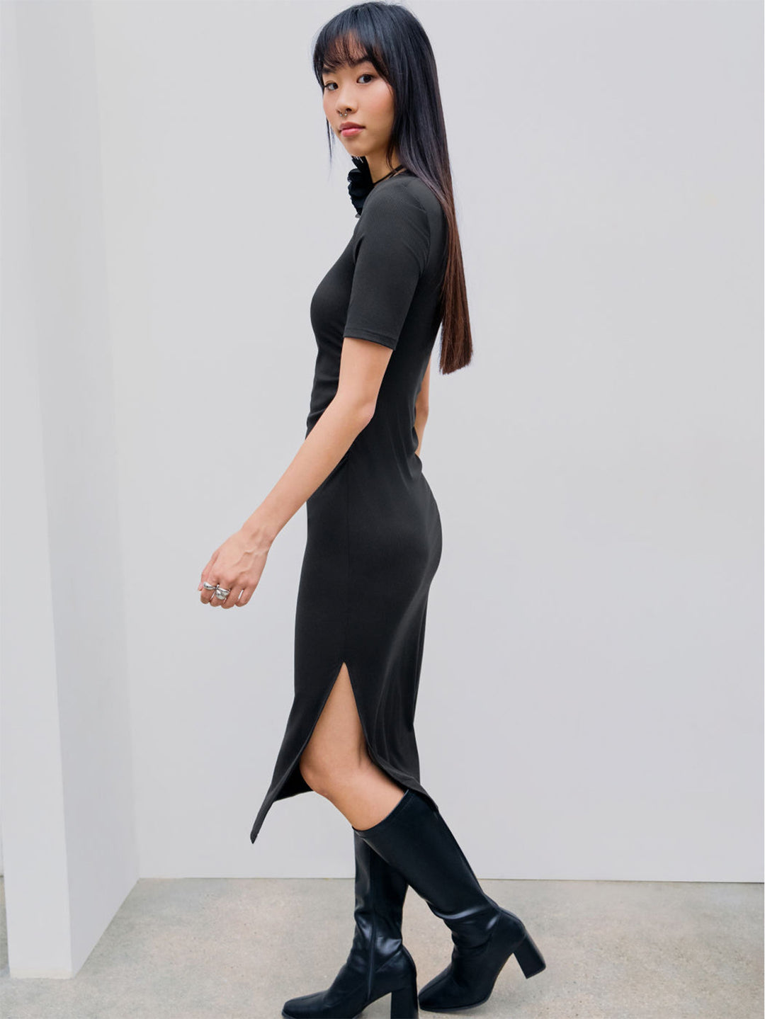 Black Square Neck Overlay Detail Dress