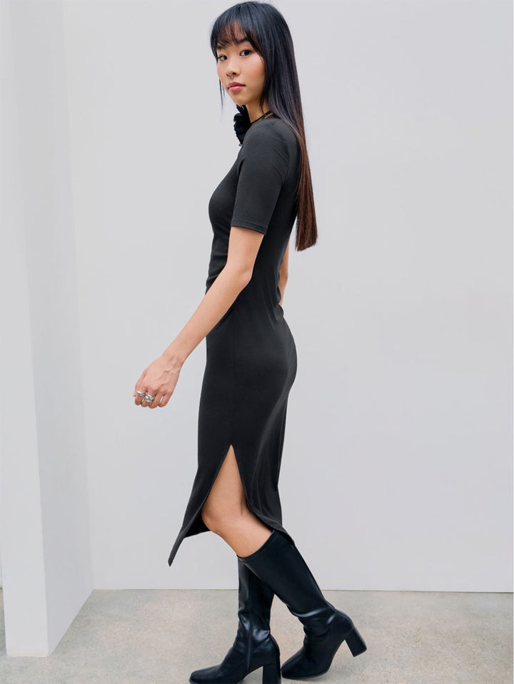 Black Square Neck Overlay Detail Dress