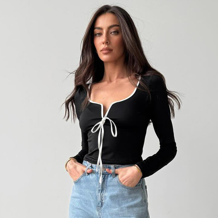 Black Long Sleeve Front Bow Crop Top
