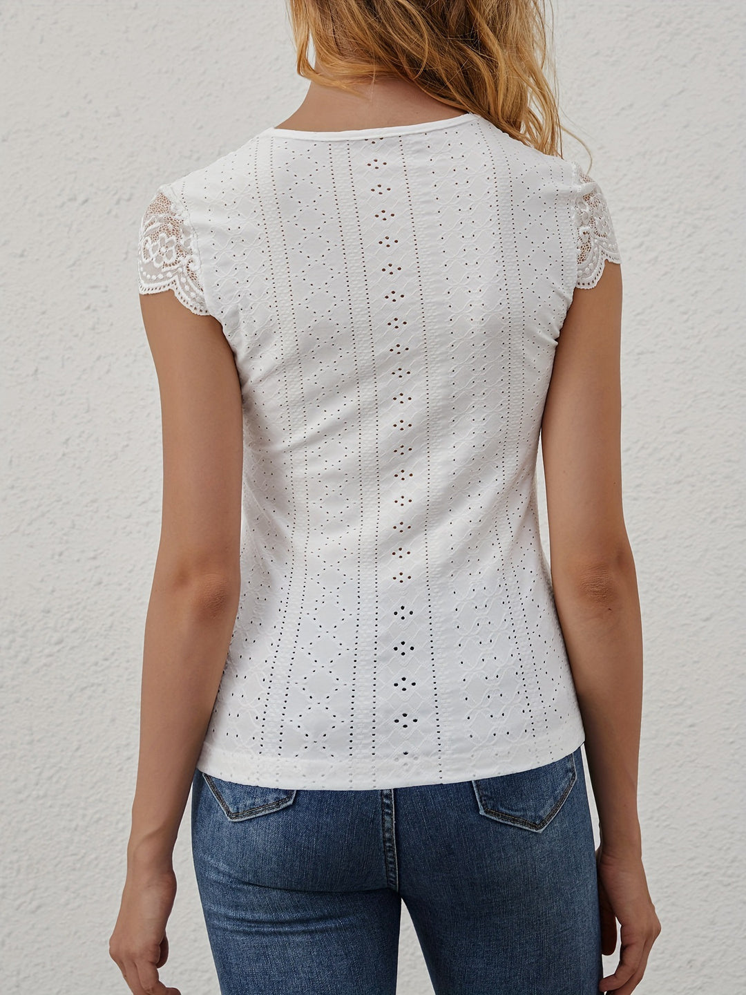 White Short Sleeve Mesh Neckline Top