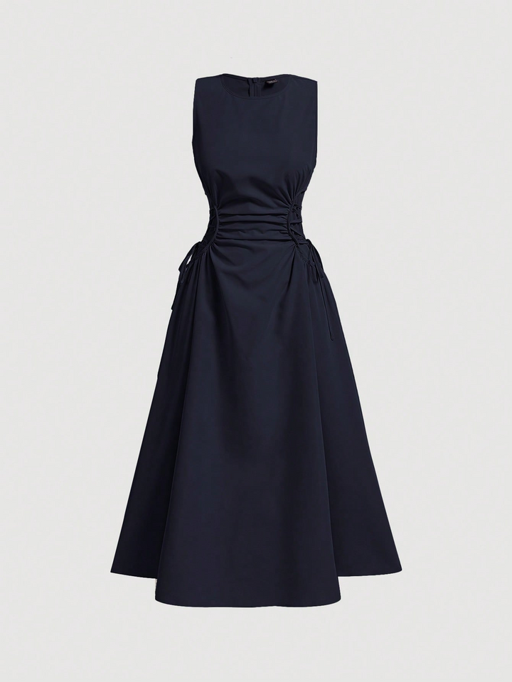 Navy Blue Midi Dress With Exaggerated Waist Detail
