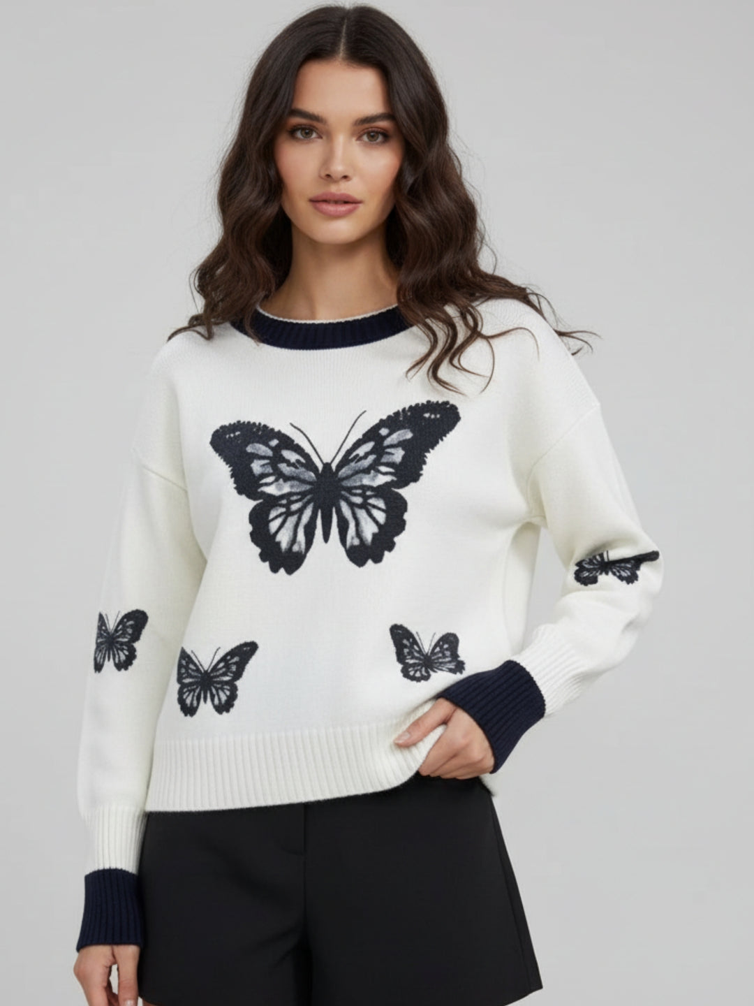 Cream Full Sleeve Contrast Neckline Printed Sweater
