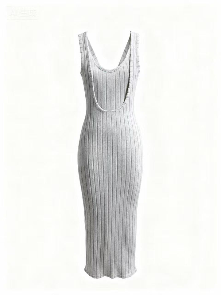 Grey Sleeveless Deep Back Neck Dress