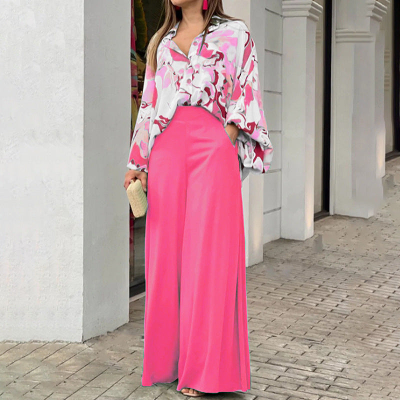 Pink Printed Shirt And Solid Wide Leg Trouser Coord Set