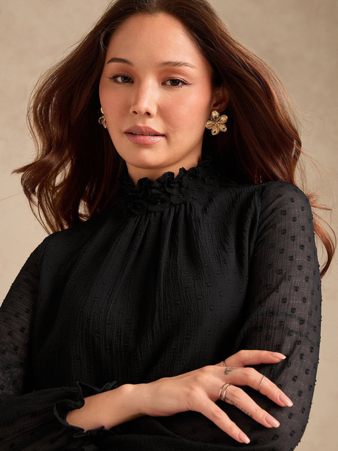 Black Textured Dobby Blouse With Floral Applique At Neck