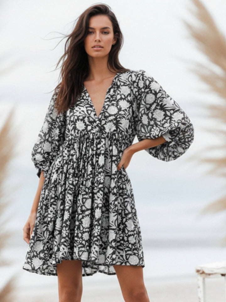 Black Balloon Sleeve Printed Dress