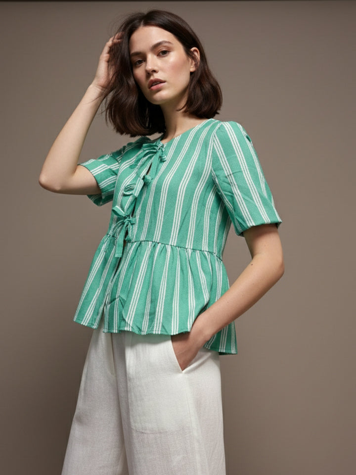 Green Puff Sleeve Striped Bow Tie-Up Blouse