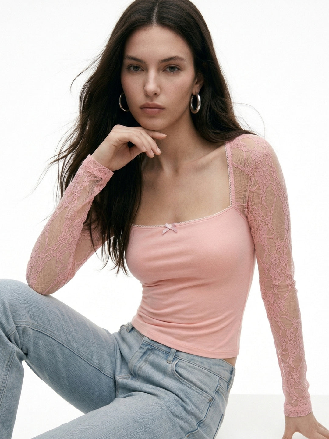 Pink Lace Sleeved Fitted Top