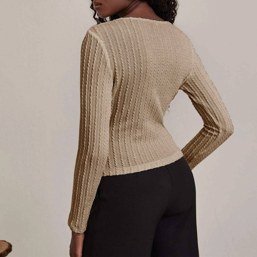 Khaki Textured Knit V-Neck Top