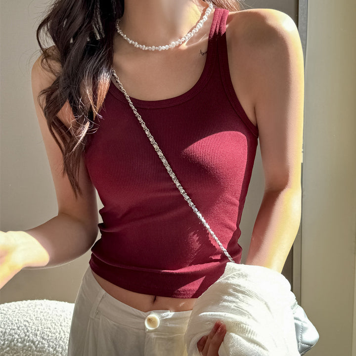 Burgundy Scoop Neck Ribbed Tank Top