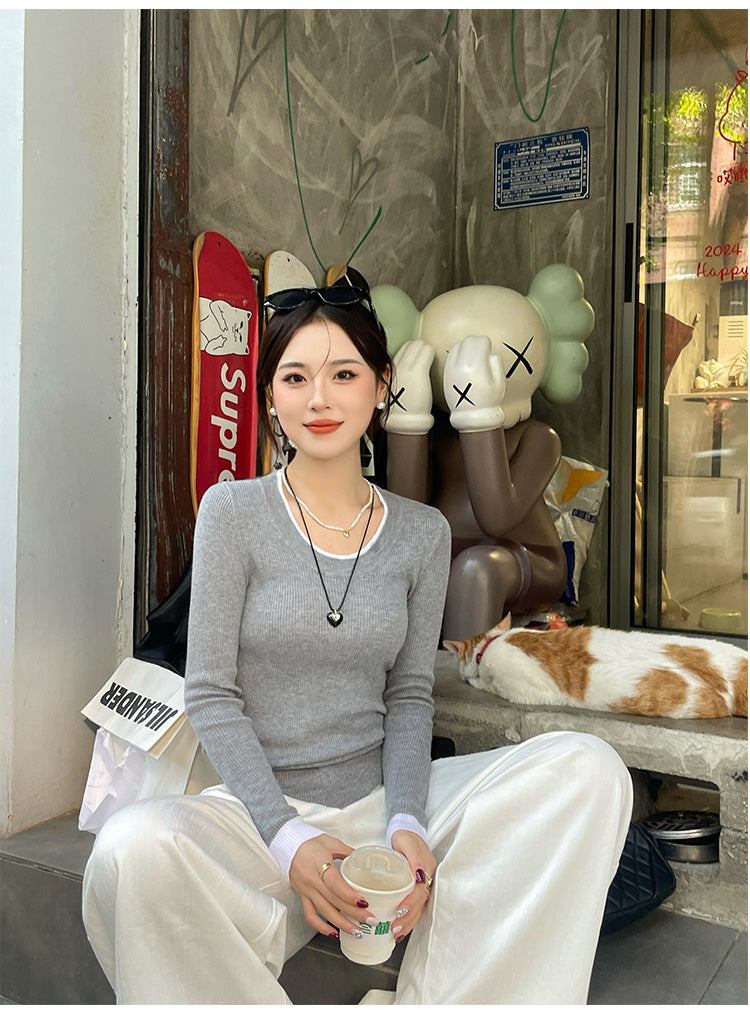 Grey Full Sleeve Contrast Hem Top