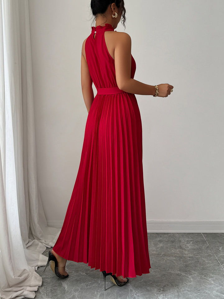 Red Halter Neck Pleated Textured Dress