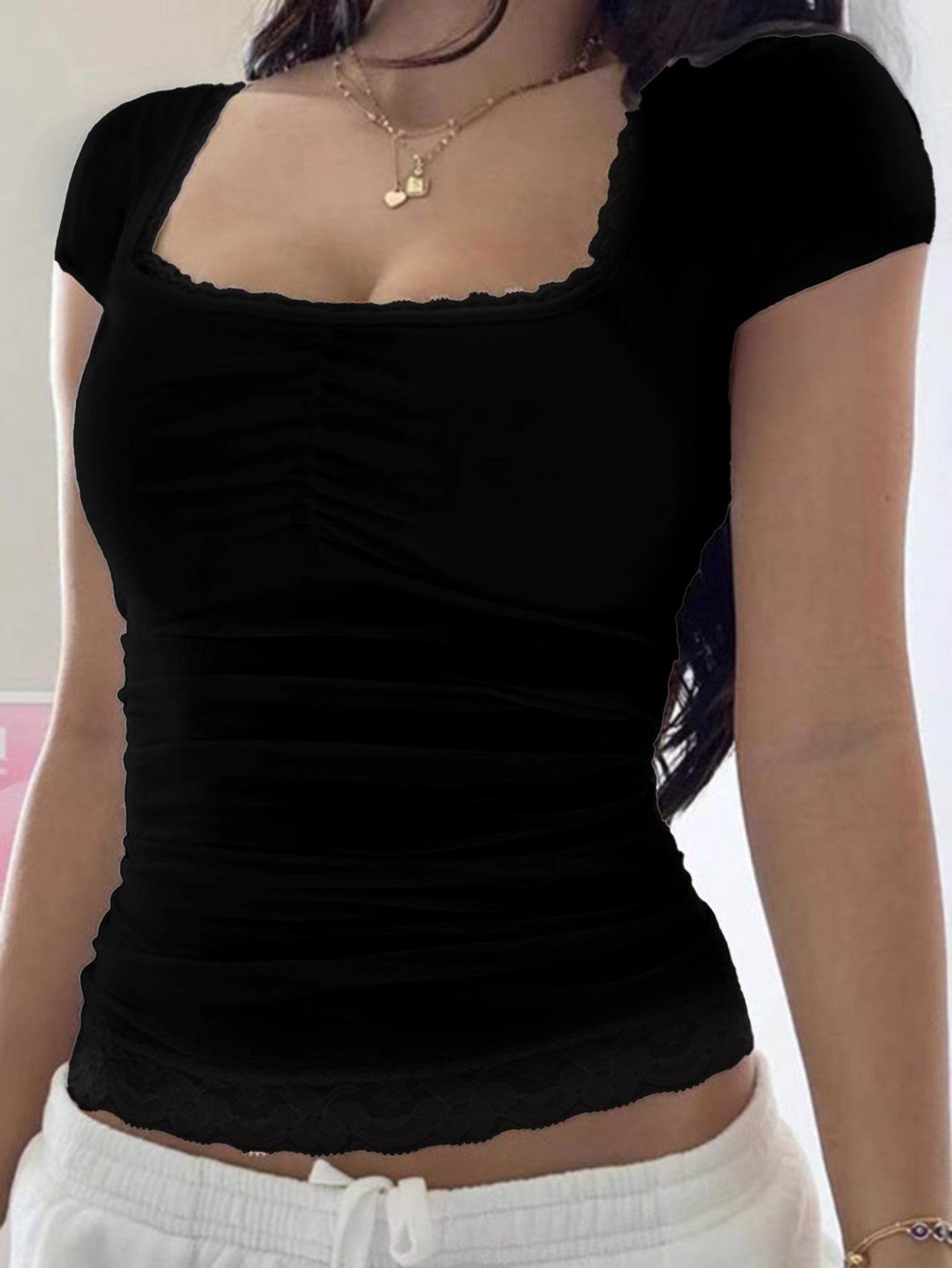 Black Square Neck Ruched Detail Top