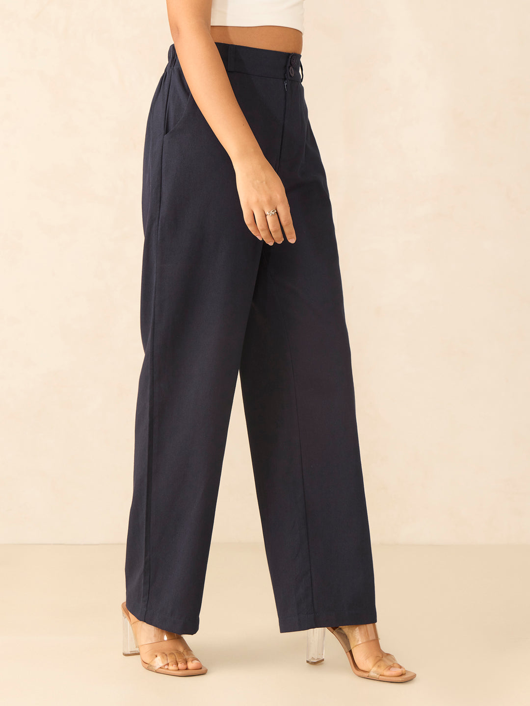 Navy Blue Tapered Fit High-Rise Trouser