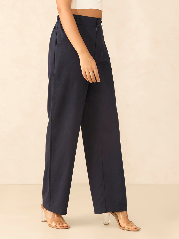 Navy Blue Tapered Fit High-Rise Trouser