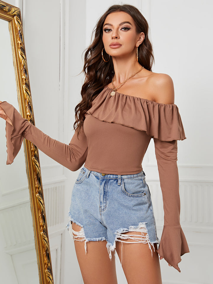 Brown Flounce Sleeve Off Shoulder Top