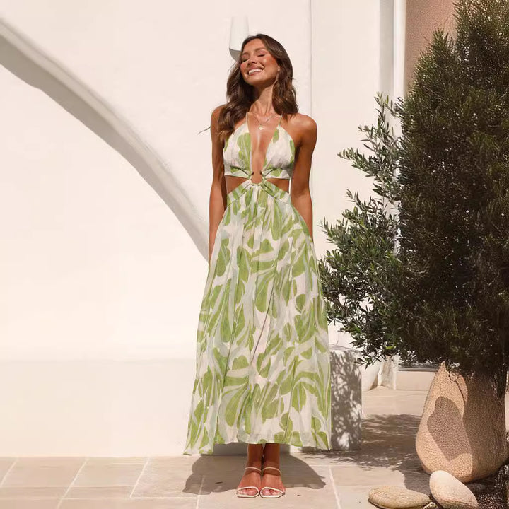 Green Halter Neck Printed Cut Out Dress