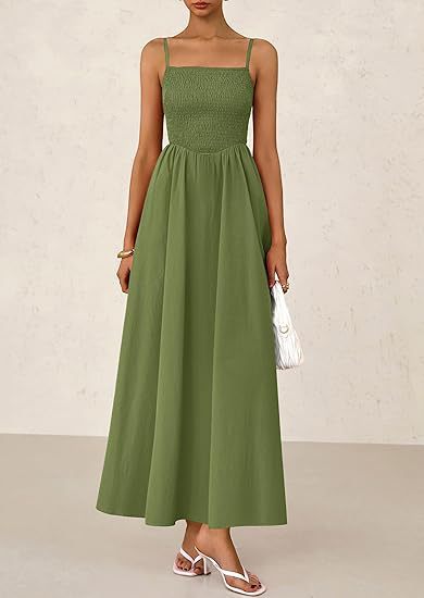 Olive Strappy Square Neck Cinched Waist Dress With Pockets