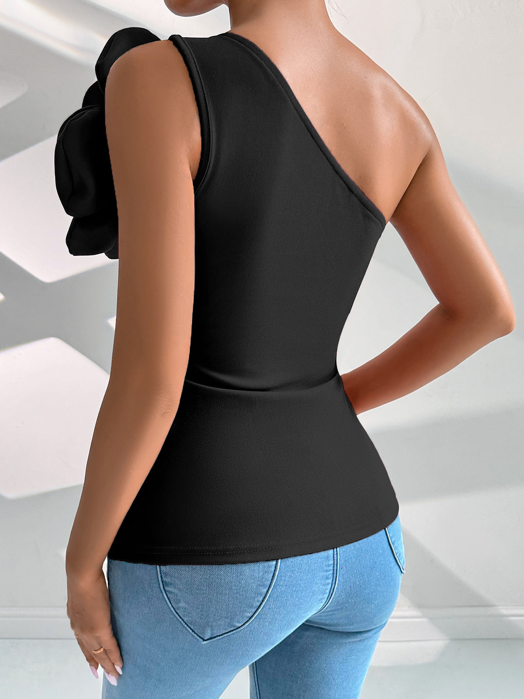 Black One Shoulder Flower Attached Top