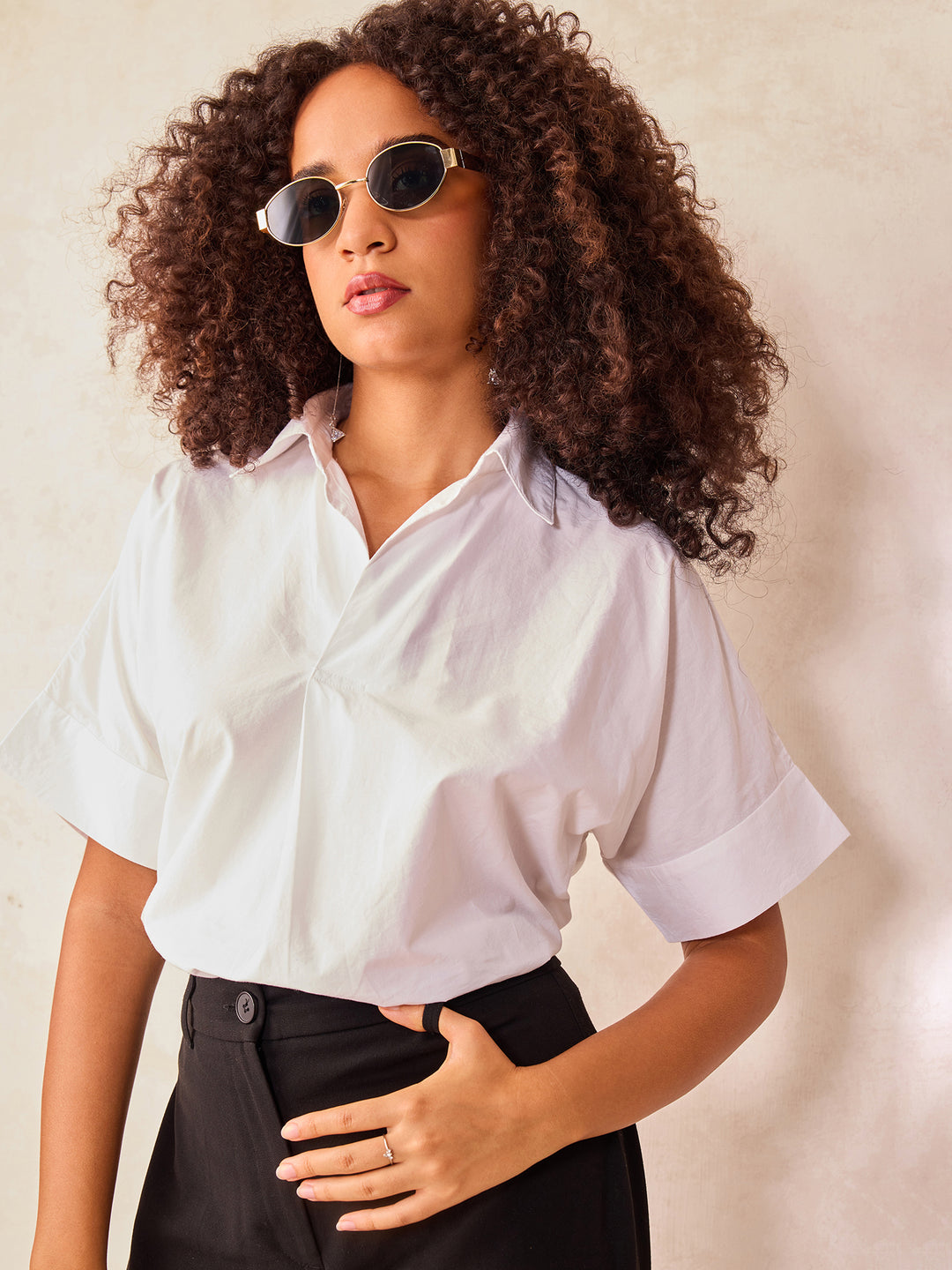 White Beige Boxy Shirt With Rolled Short Sleeves
