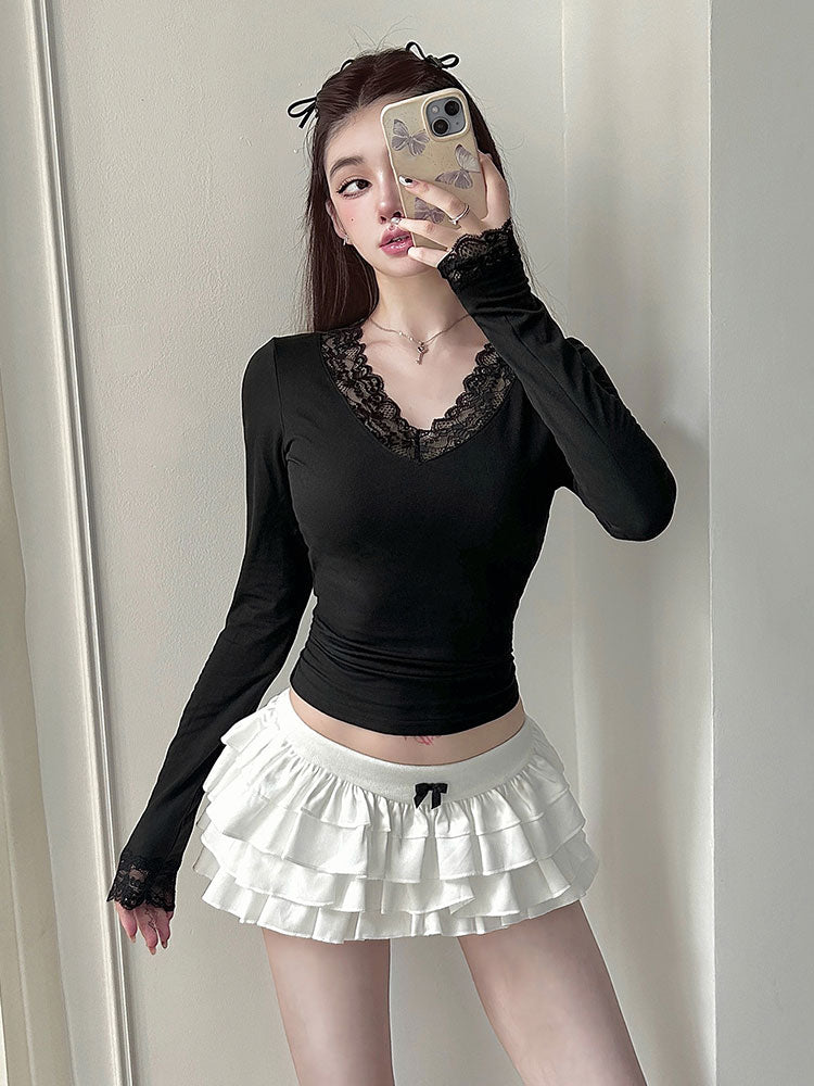 Black Lace Insert V Neck Full Sleeves Top