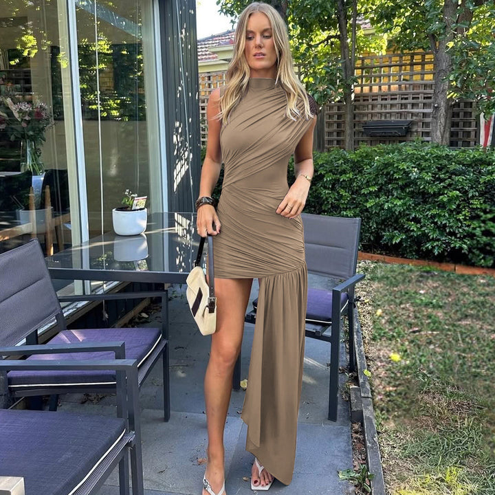 Khaki High Neck Bodycon Mini Dress