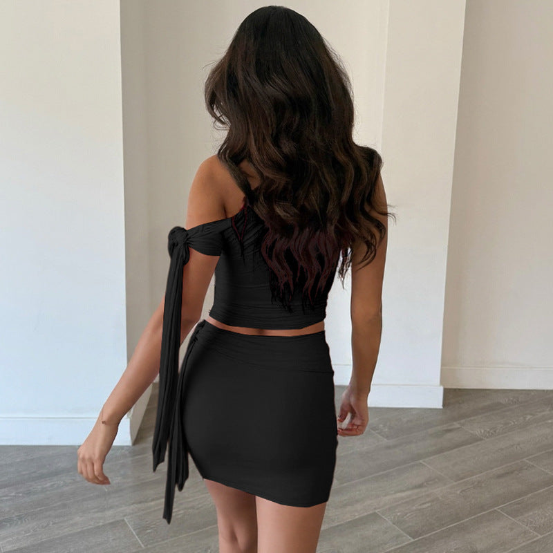 Black One-Off Shoulder Top With Mini Skirt Co-Ord Set