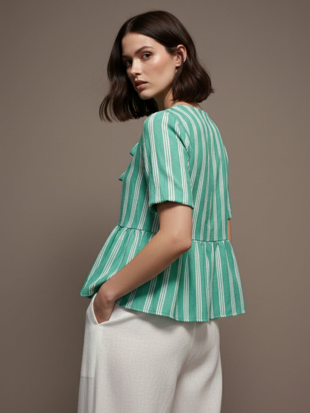 Green Puff Sleeve Striped Bow Tie-Up Blouse