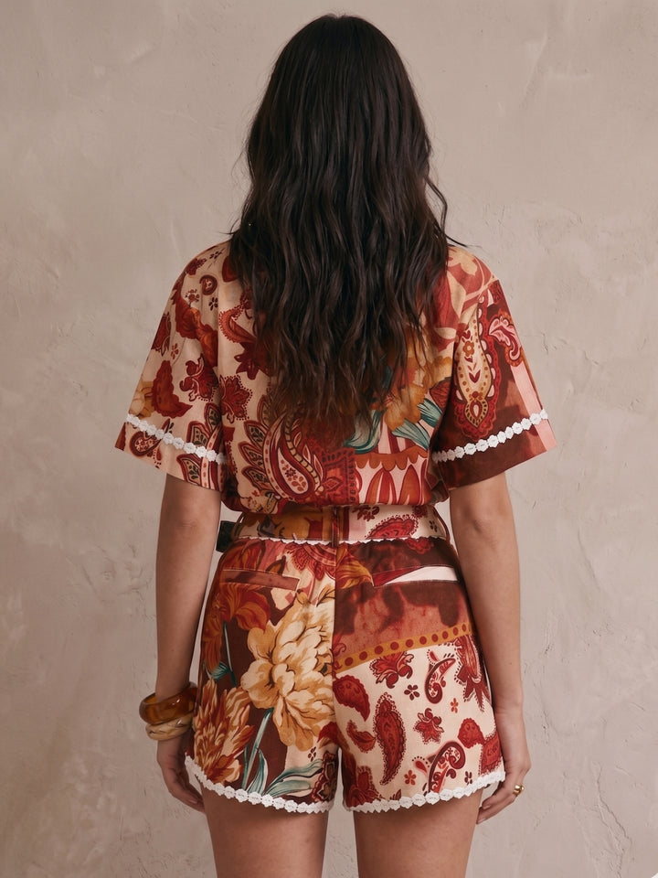 Brown Abstract Printed Shirt And Short Set