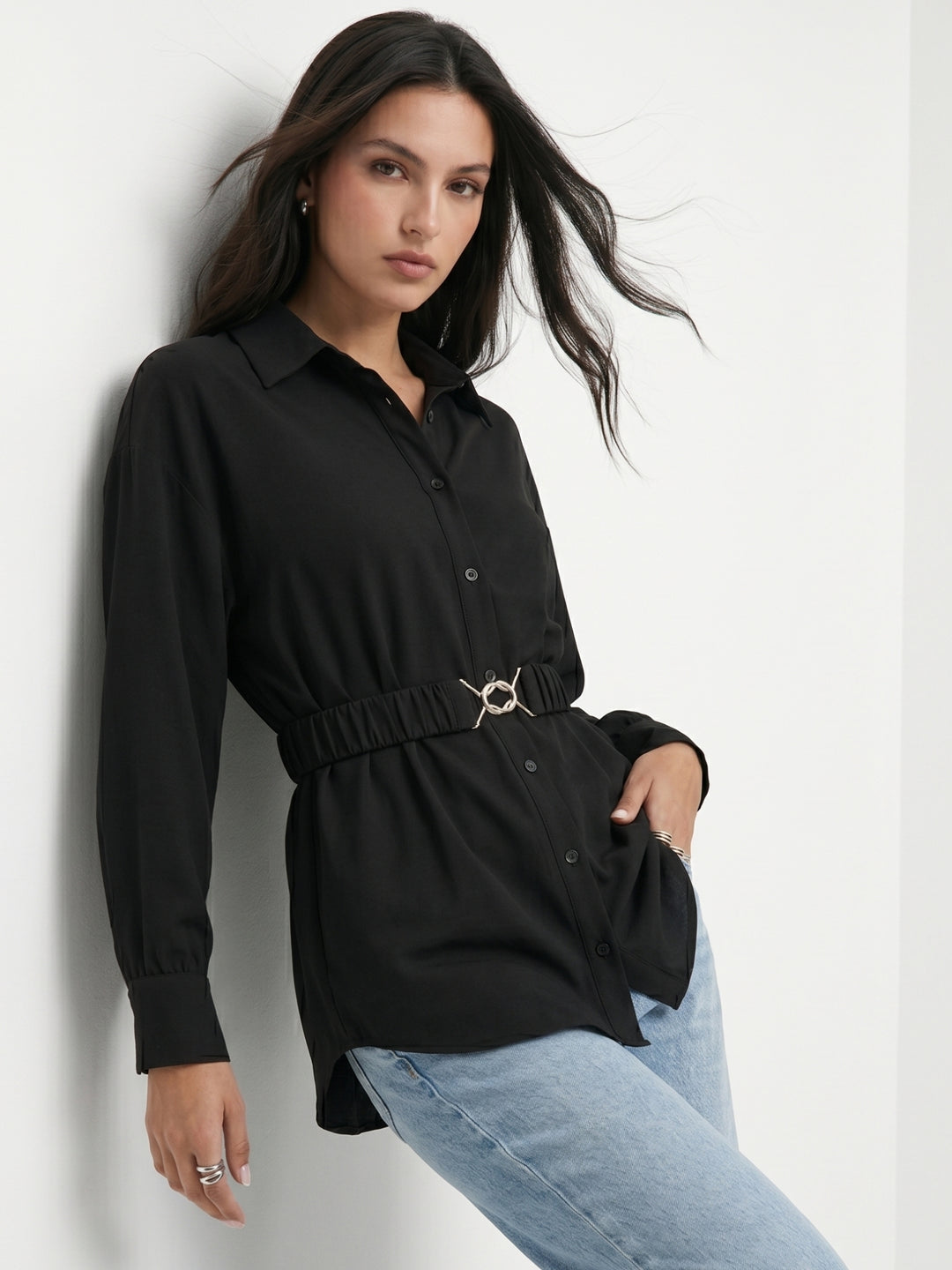 Black Waist Belted Full Sleeve Top