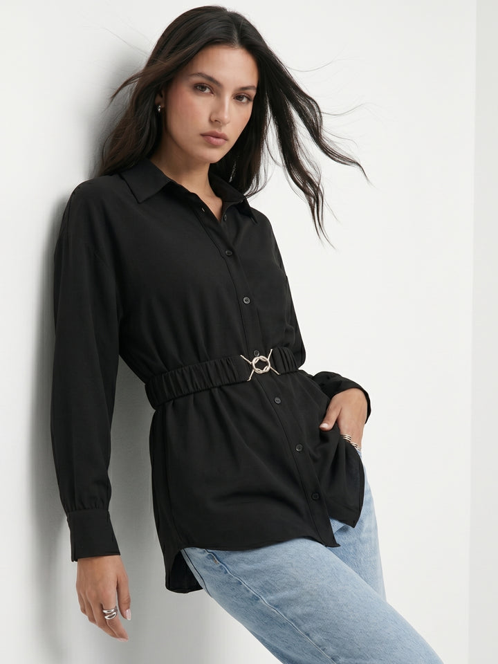 Black Waist Belted Full Sleeve Top