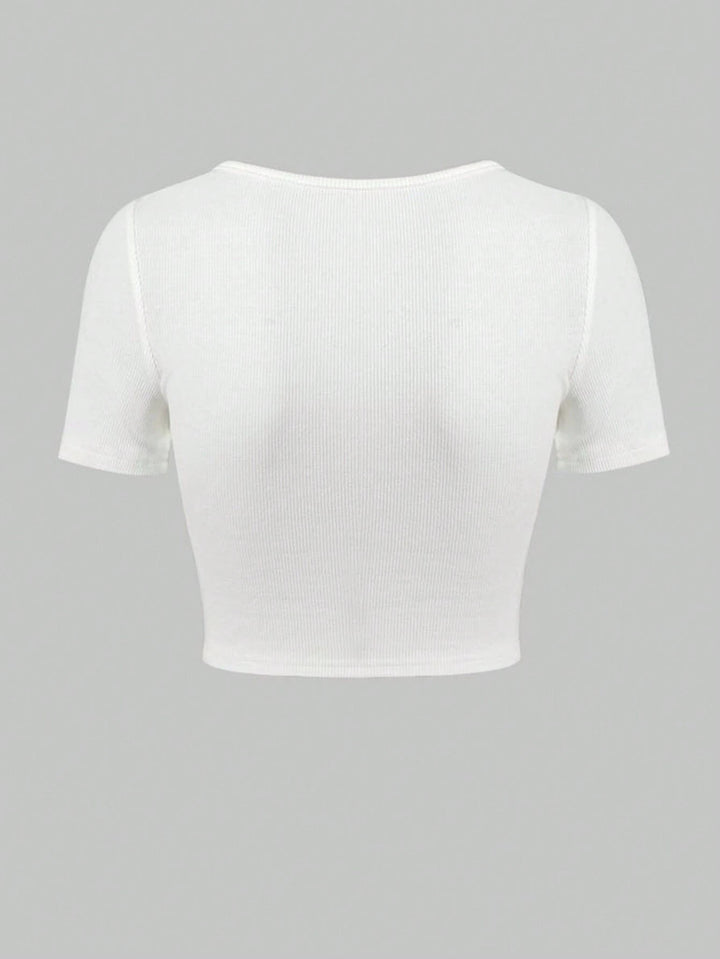 Off White Deep V Neck Top With Metal Trim