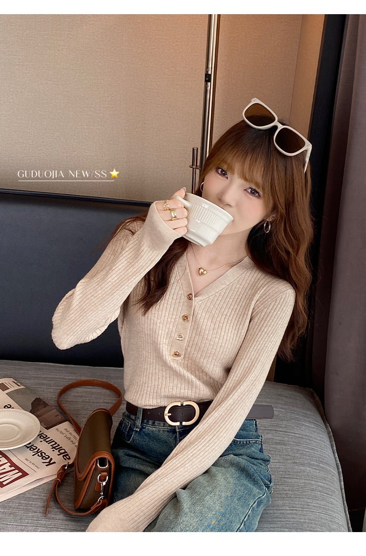 Beige Full Sleeve V Neck Buttoned Fitted Top