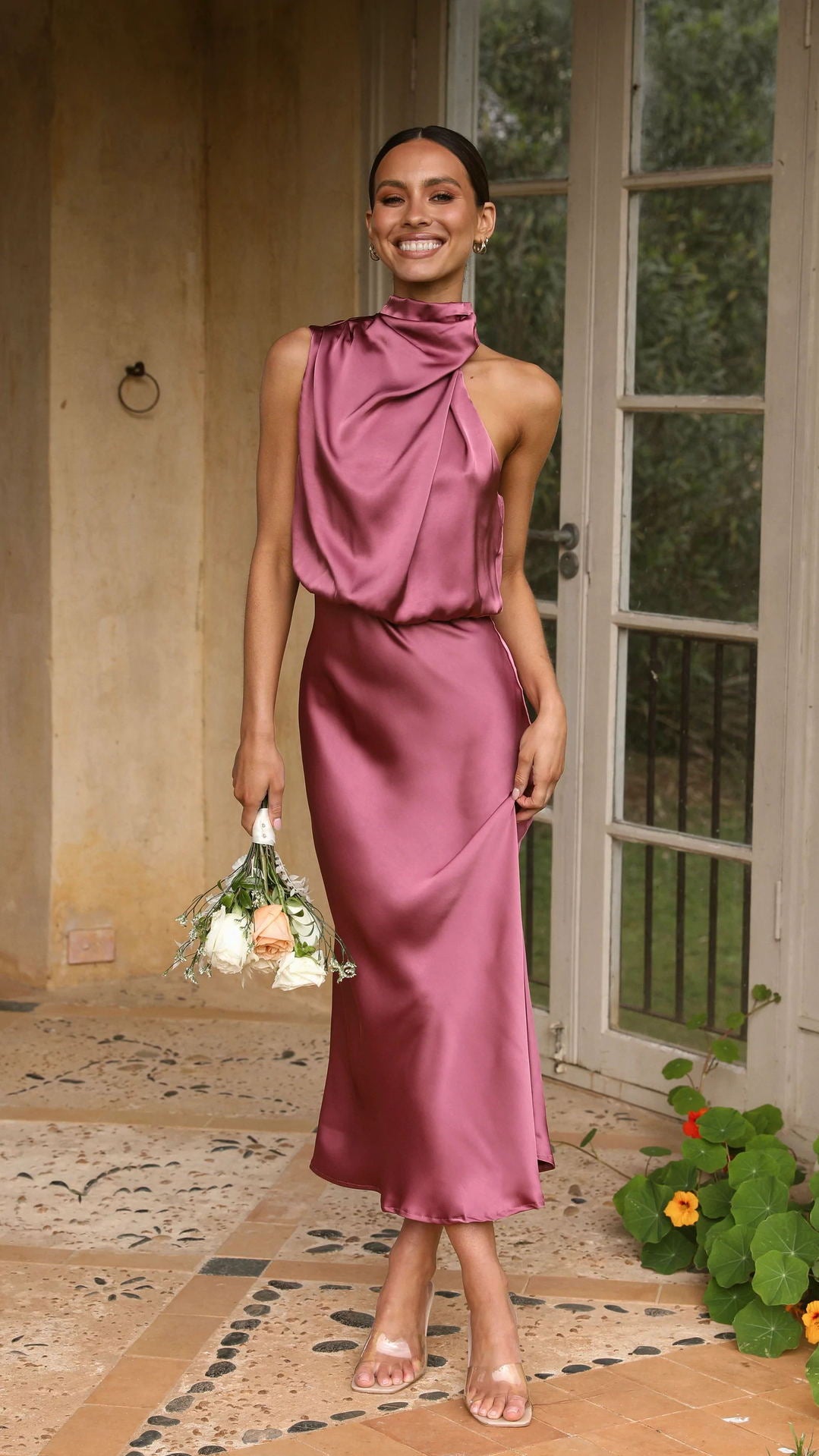 Pink Sleeveless High Neck Dress