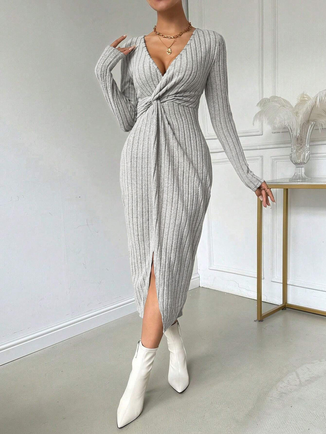 Grey Full Sleeve Front Twisted Dress