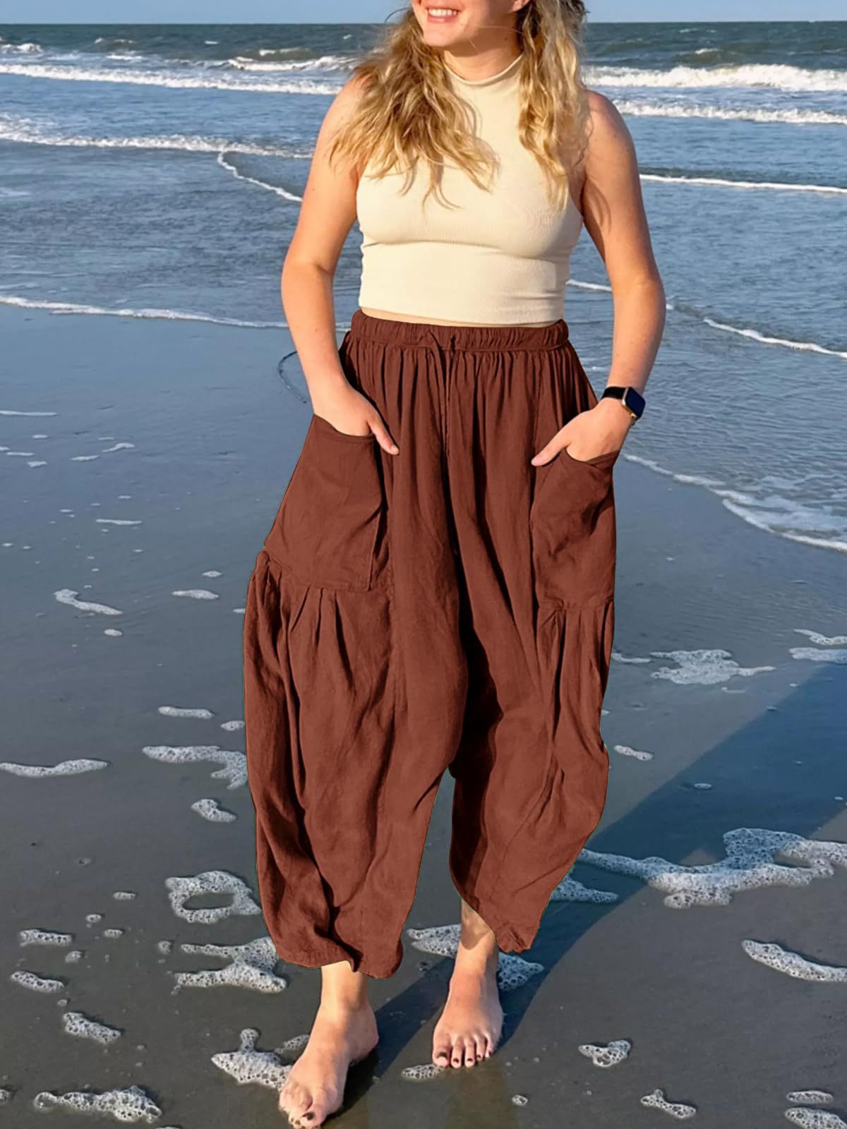 Brown Wide Leg Casual Cargo Pants
