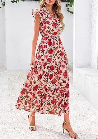 Red Printed Flutter Sleeved Midi Dress