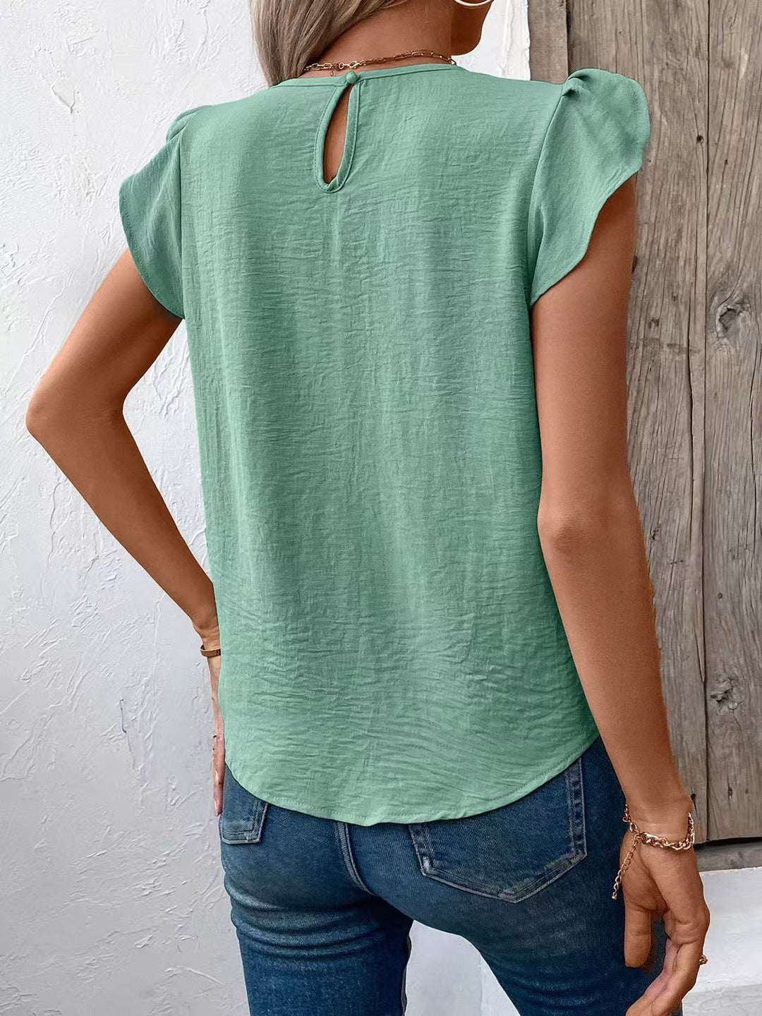 Green Petal Sleeve Round Neck Top