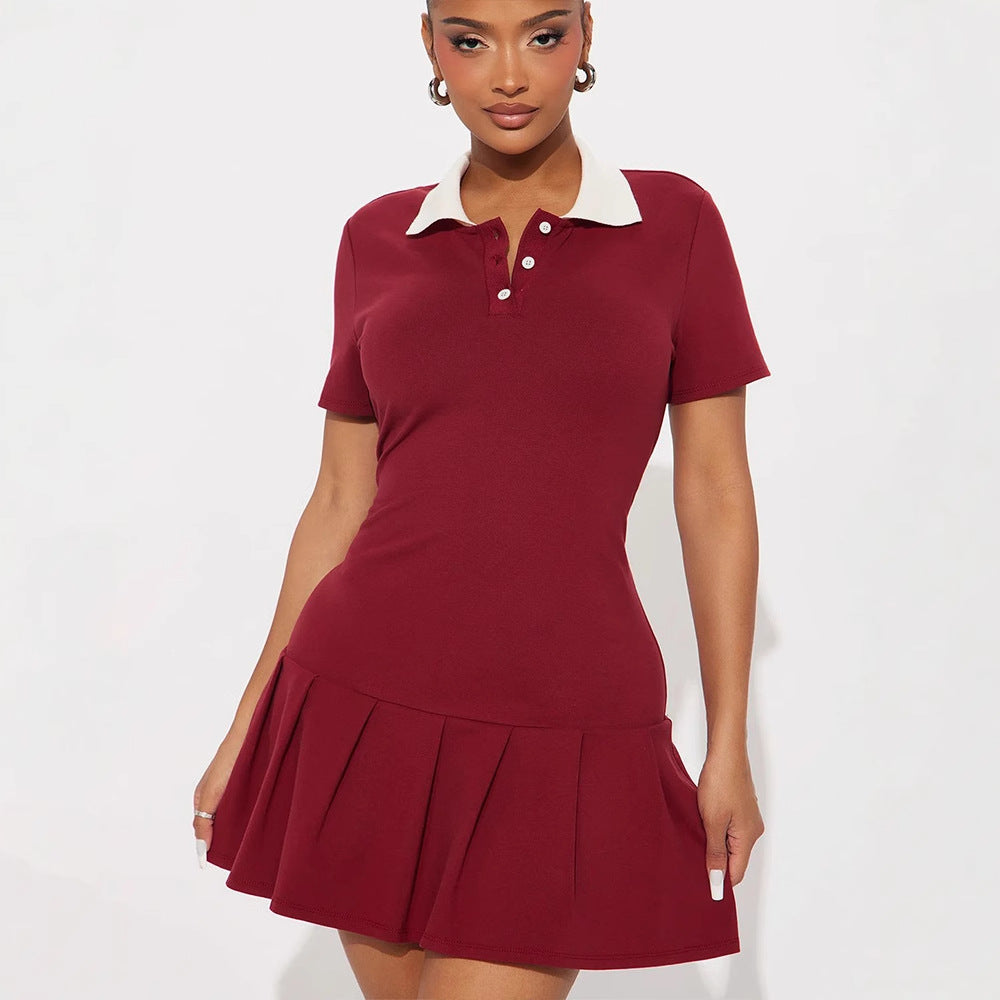 Red Polo Dress With Pleated Hem