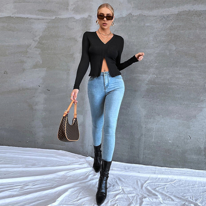 Black Full Sleeve Front Slit Top