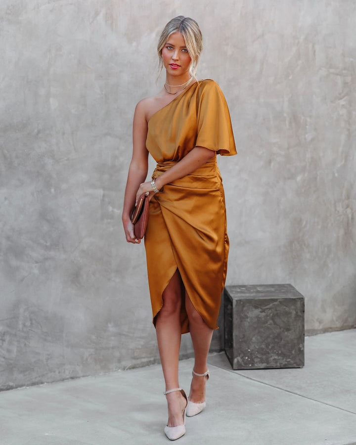 Mustard One Shoulder Sleeve Asymmetrical Dress