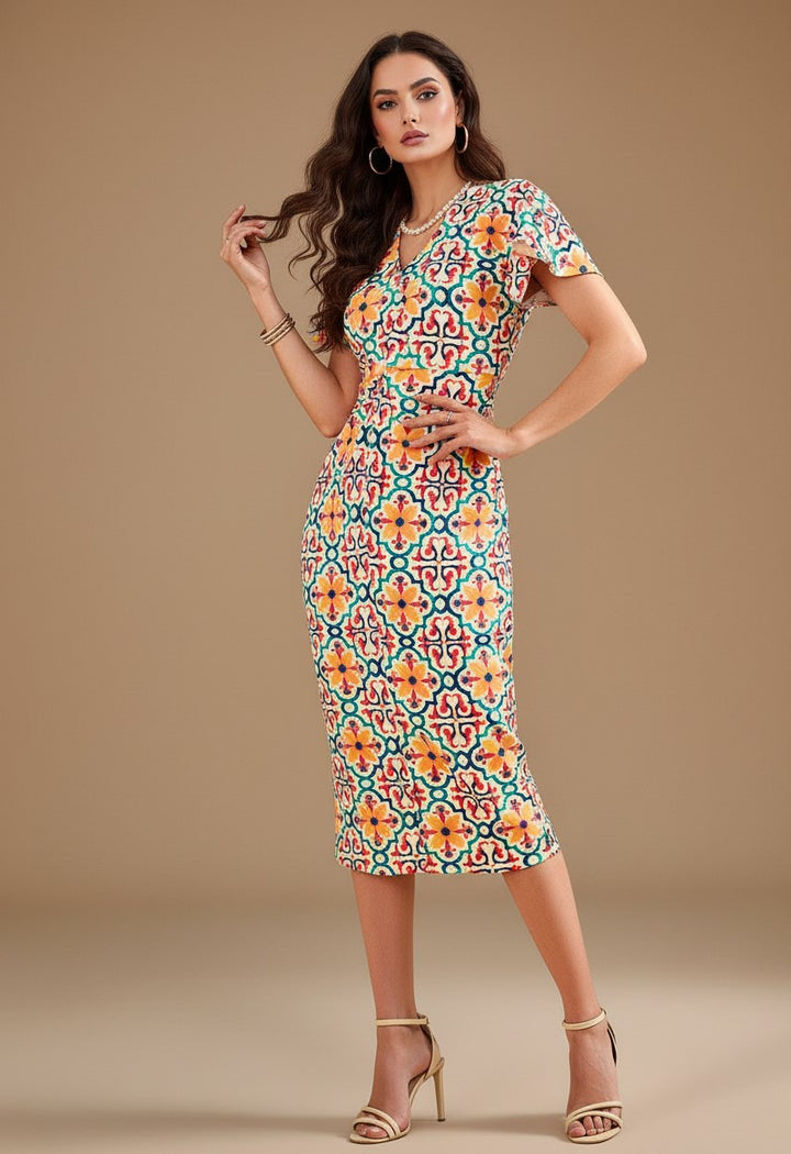 Multi Short Sleeve Printed Dress