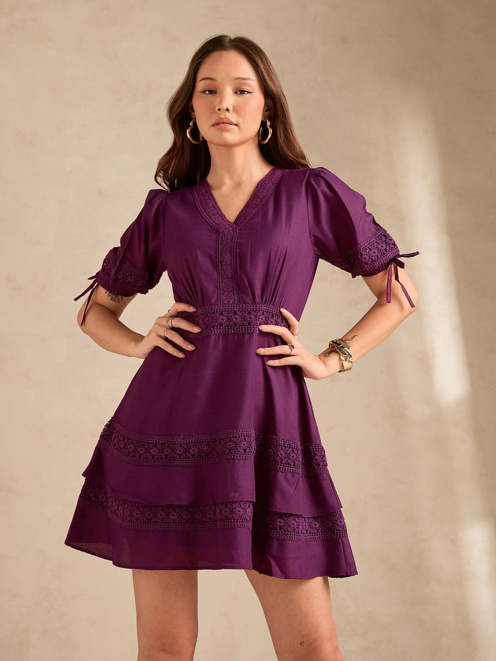 Purple Tiered Mini Dress With Lace Inserts Detailing