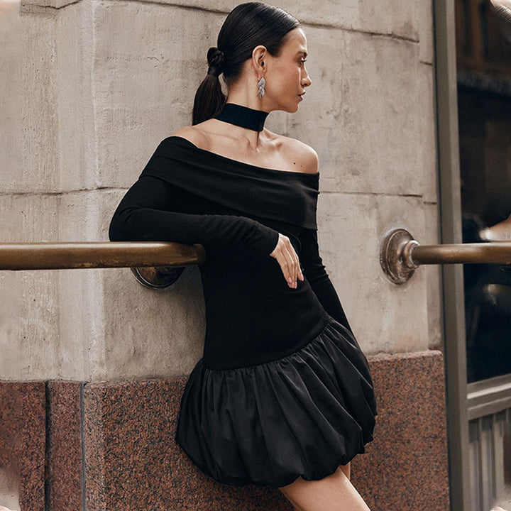 Black Off Shoulder Bubble Hem Dress