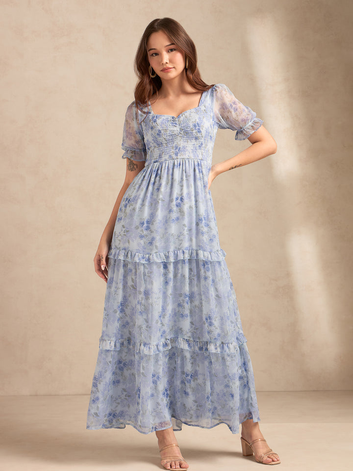 Blue Floral Printed Maxi Dress