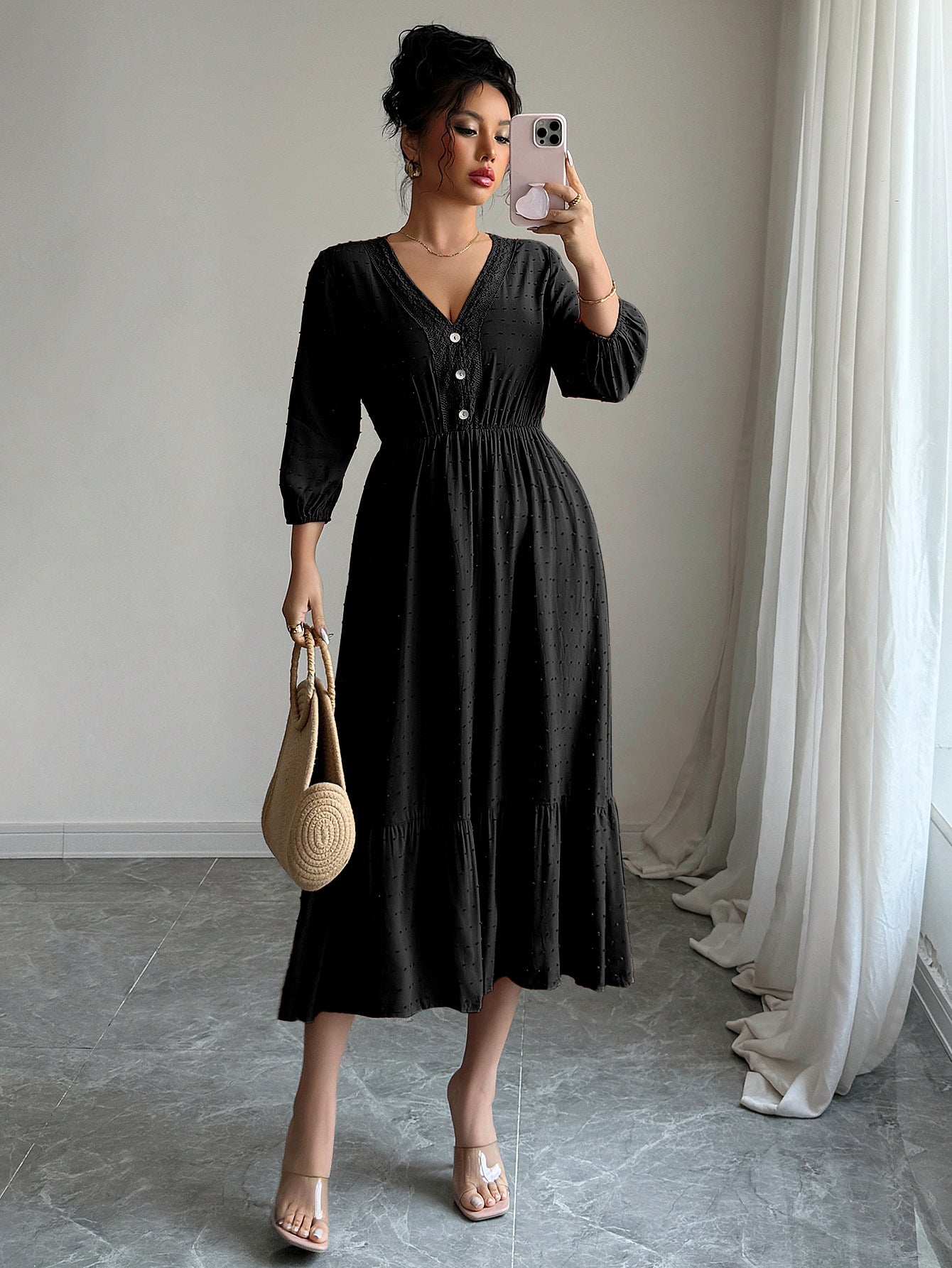 Black Dobby Textured Fit & Flare Tiered Dress