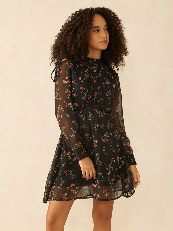 Black Floral Sheer Fit & Flare Mini Dress